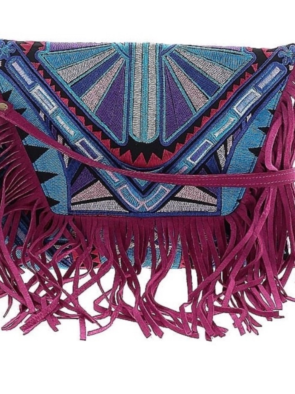 Boho Embroidered Fringe Crossbody Bag Blue Purple Magenta